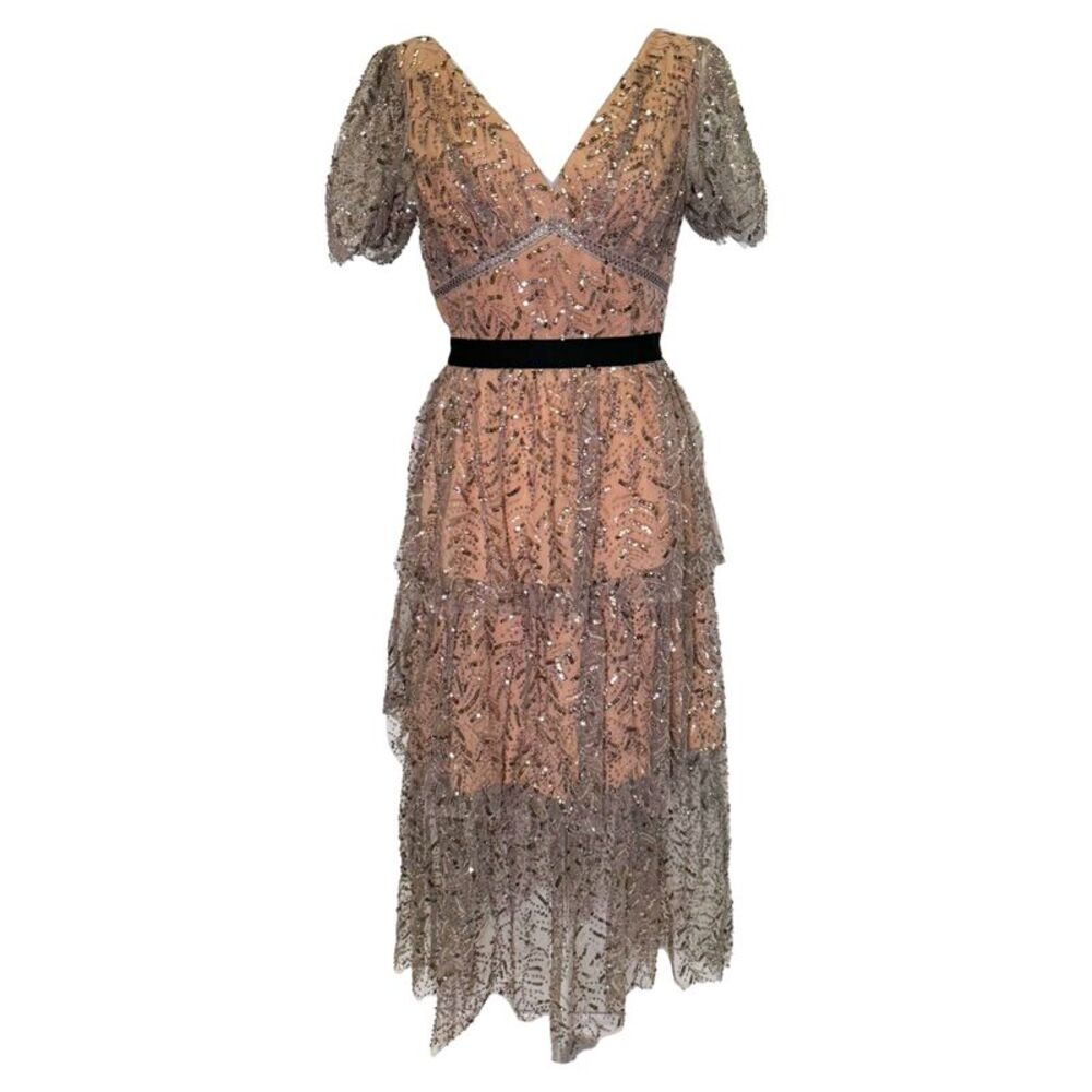 Self-Portrait Tiered Sequined Tulle Midi Dress in Beige Polyester